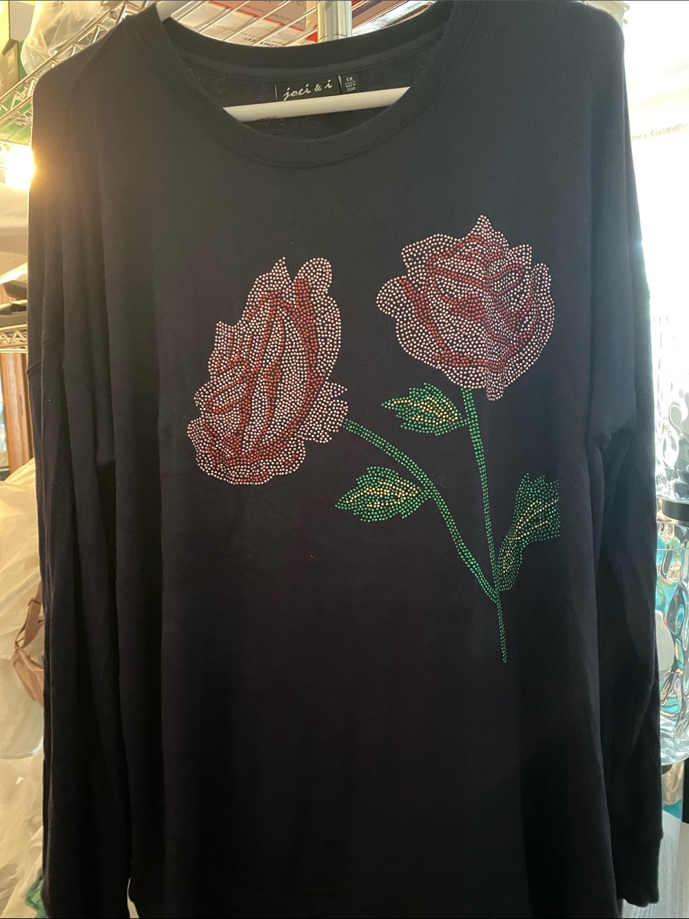 New dark navy Long Sleeve Top with Rose Rhinestone studs Design 1 X no tag
